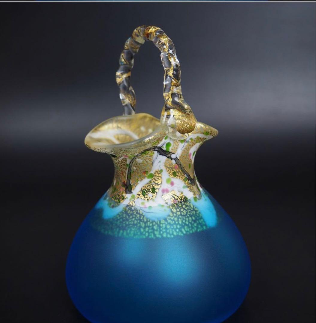 送料無料現代ガラス芸術界の巨匠『黒木国昭』作金彩象嵌ガラス花器『光琳金彩手付』