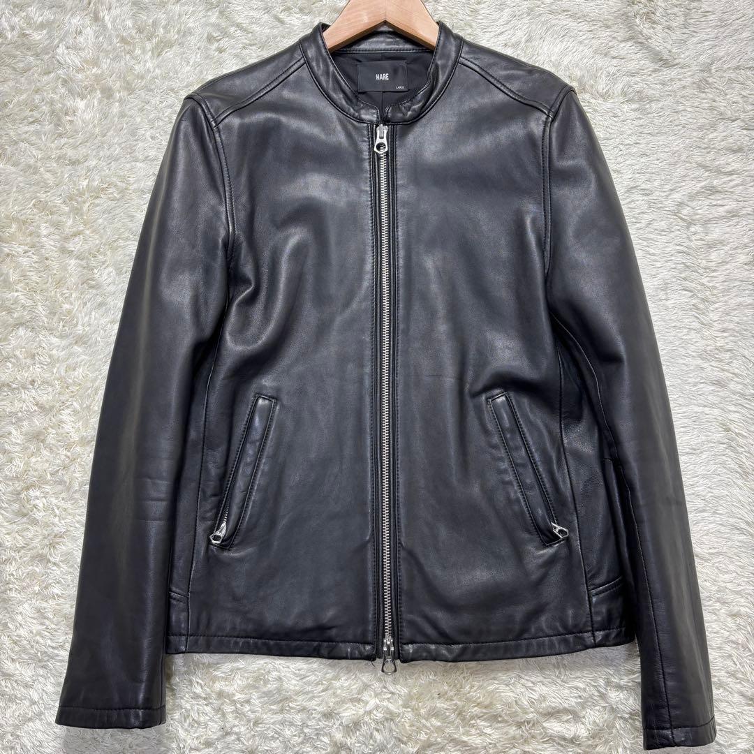 ハレ レザージャケット ライダース シングル ノーカラー 羊革 ラム 黒 L