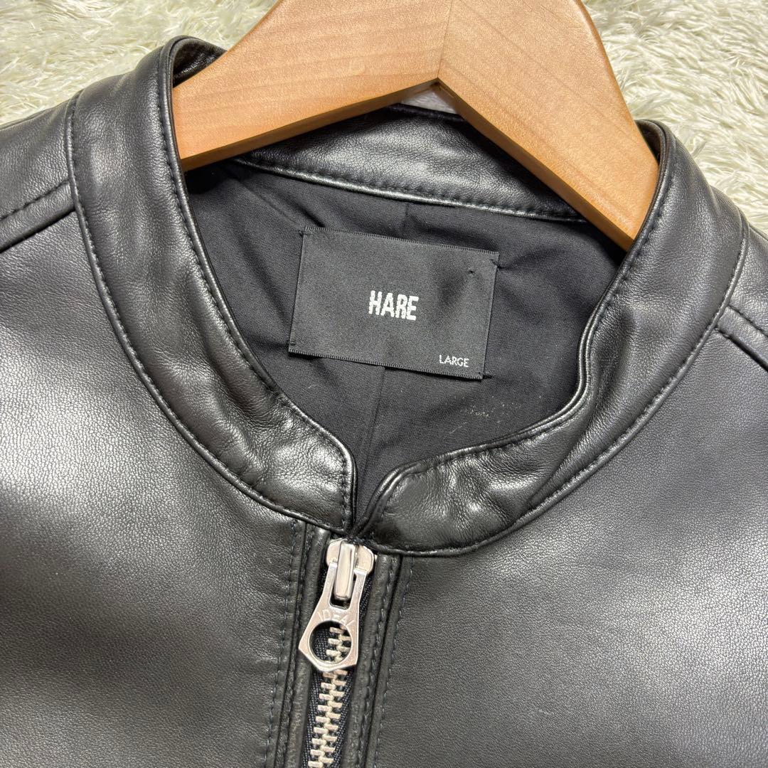 ハレ レザージャケット ライダース シングル ノーカラー 羊革 ラム 黒 L