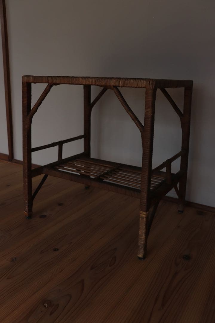 古家具　サイドテーブル　レトロ　木　籐　ラタン　古道具　アンティーク