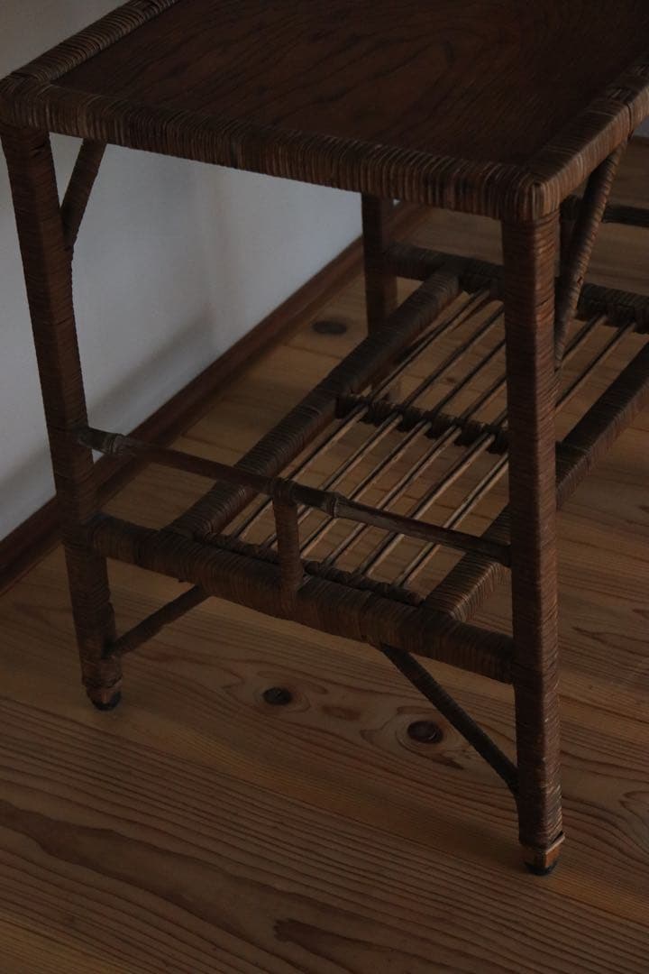 古家具　サイドテーブル　レトロ　木　籐　ラタン　古道具　アンティーク