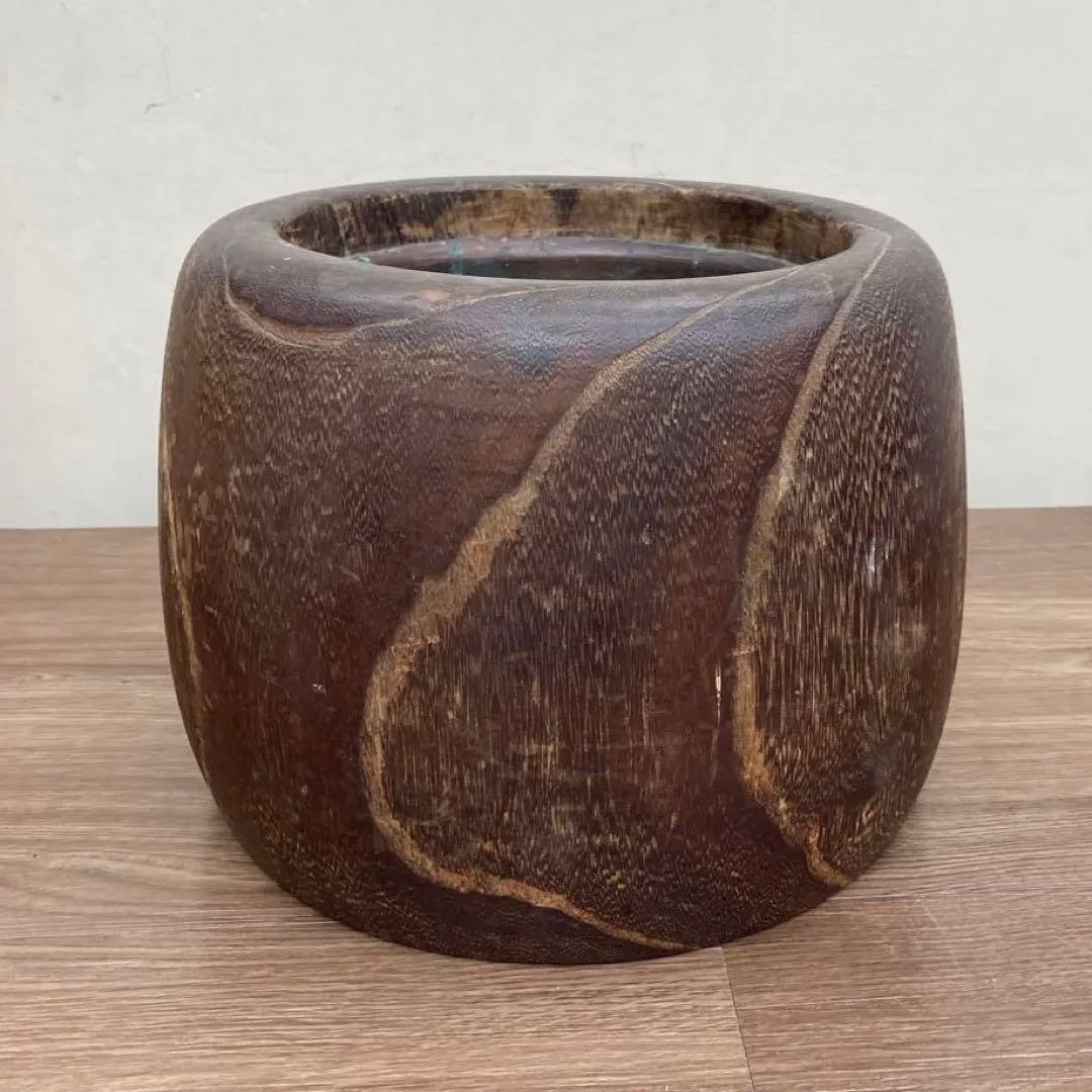 E-1 【希少】アンティーク 木製 手炙り火鉢 銅製落とし付き くり抜き 古道具