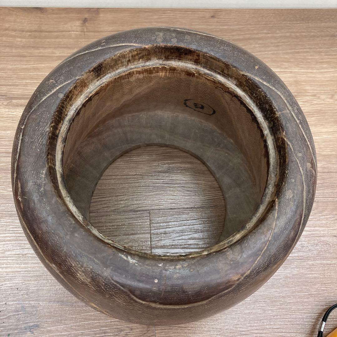 E-1 【希少】アンティーク 木製 手炙り火鉢 銅製落とし付き くり抜き 古道具