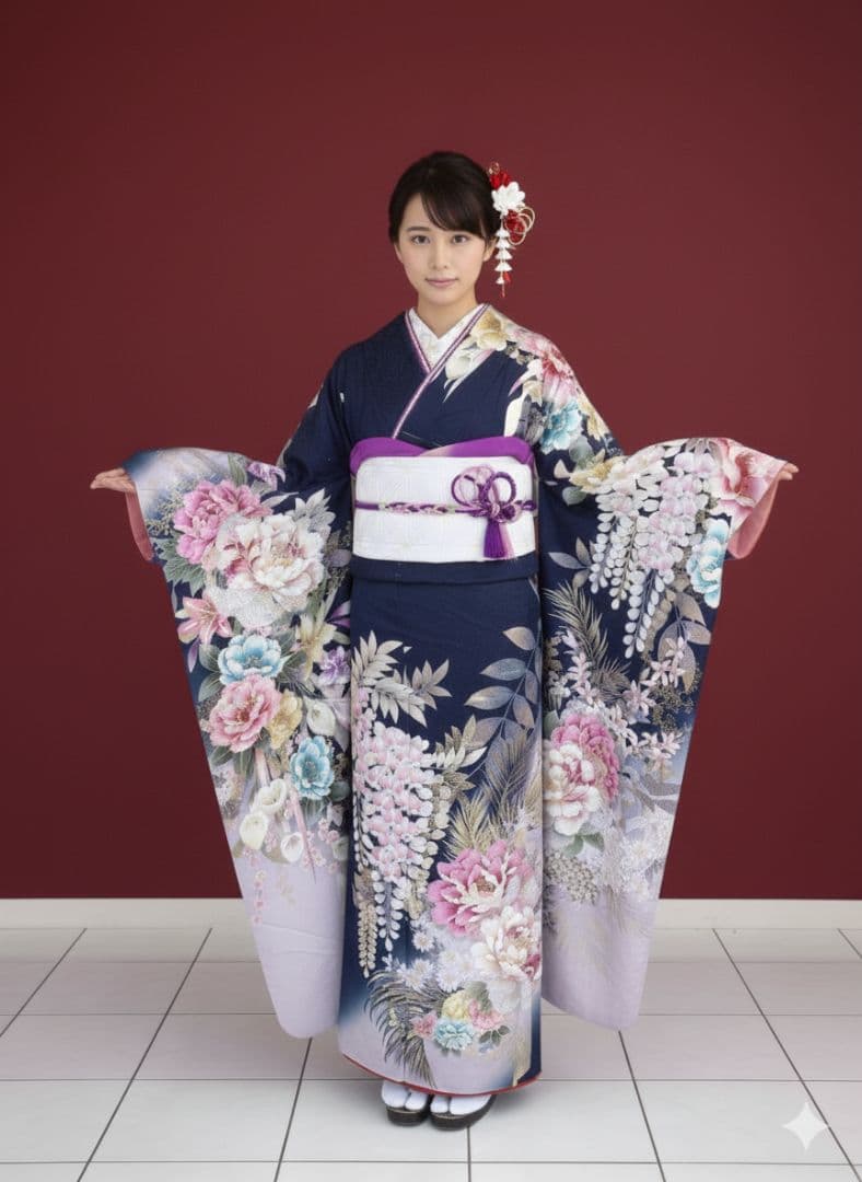 紺地の上品な松竹梅の古典振袖　振袖のみ