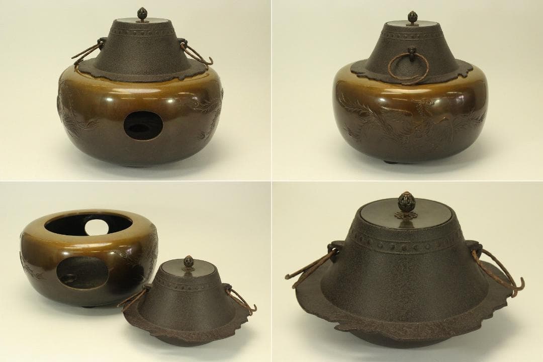 茶道具 鳳凰 風炉 揃 釜師 政光 共箱(AZ998)