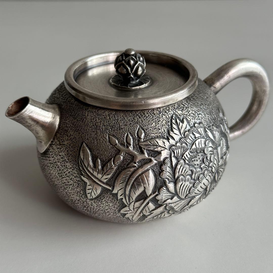 銀製 茶器 茶道具 急須 足銀999 牡丹 金属工芸