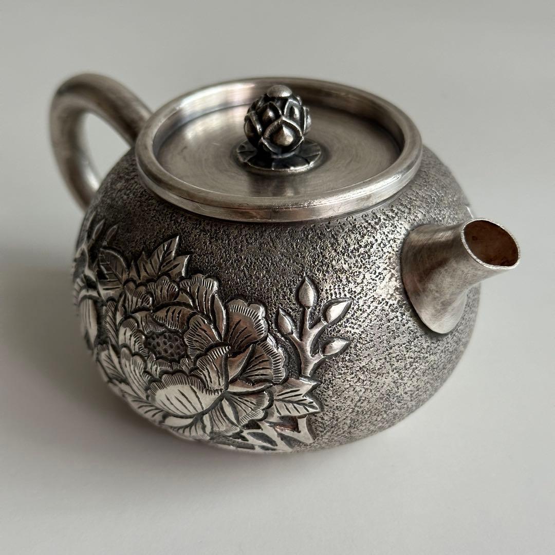 銀製 茶器 茶道具 急須 足銀999 牡丹 金属工芸