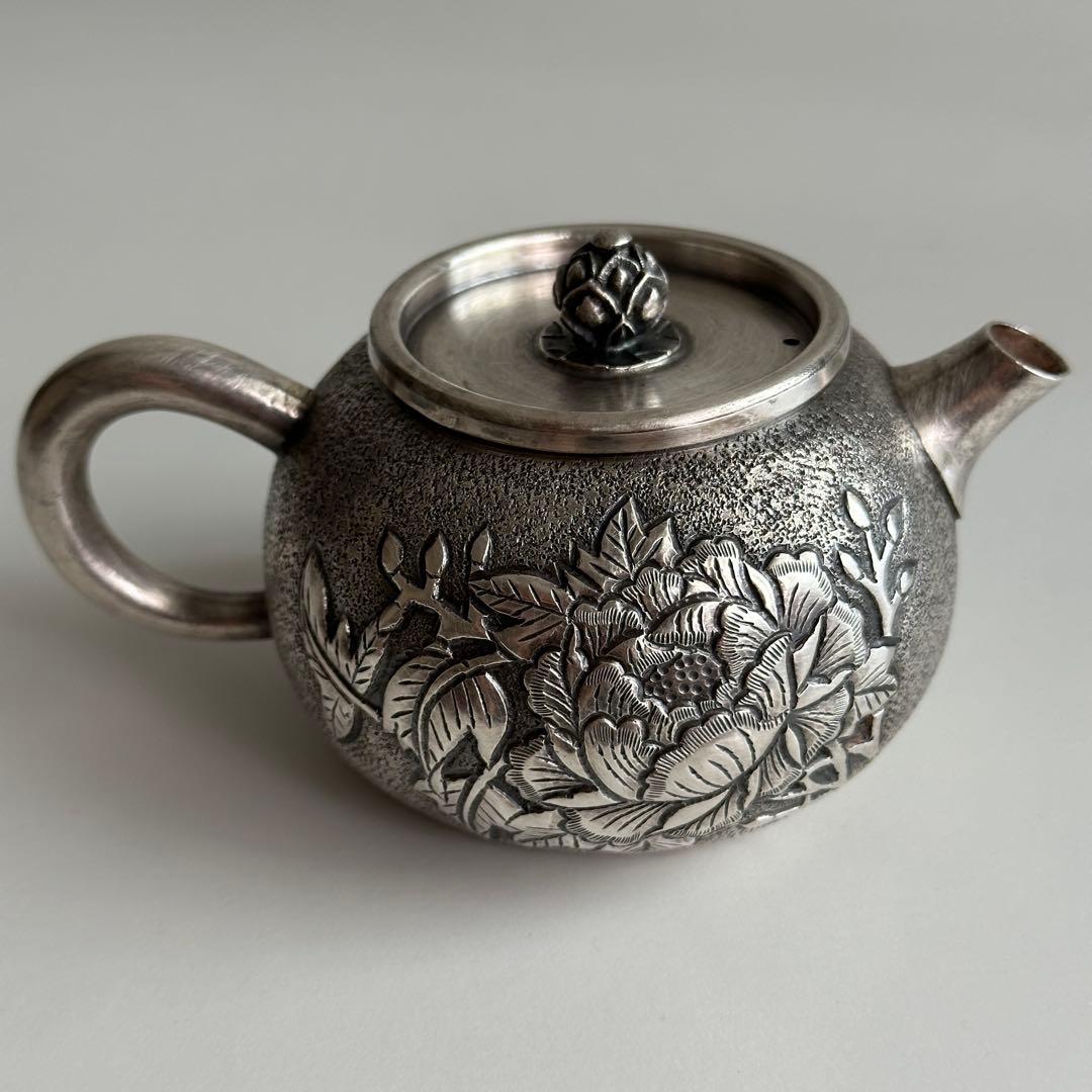 銀製 茶器 茶道具 急須 足銀999 牡丹 金属工芸
