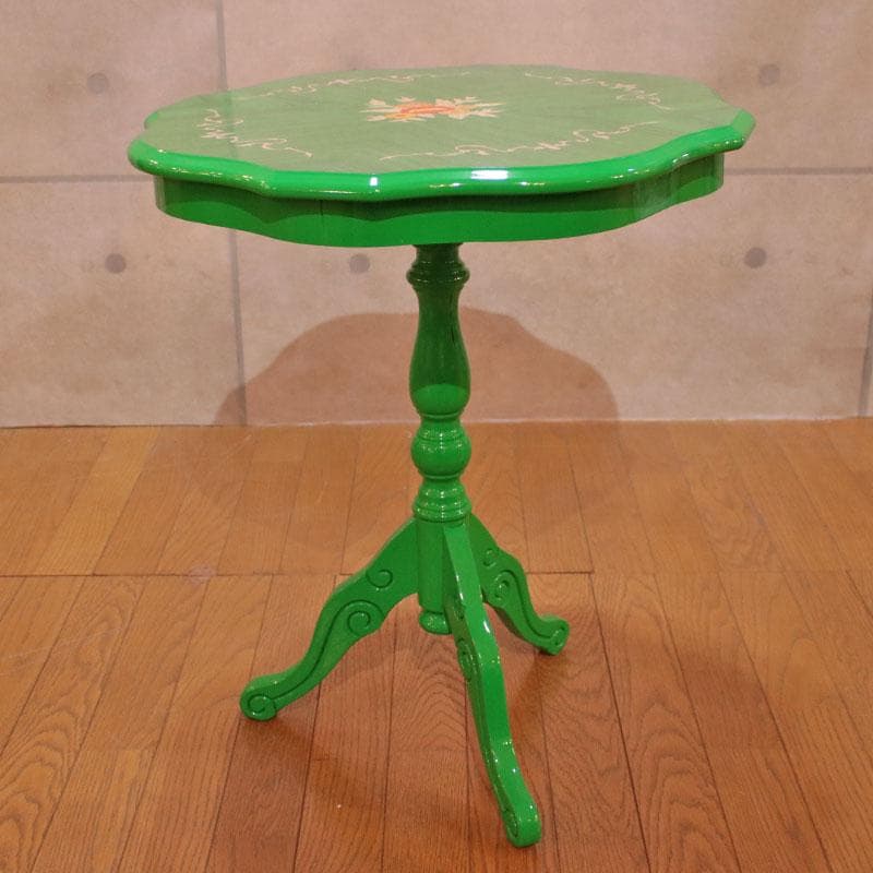クラシック調 カフェテーブル 花柄装飾 グリーン天板 幅55cm 223-329
