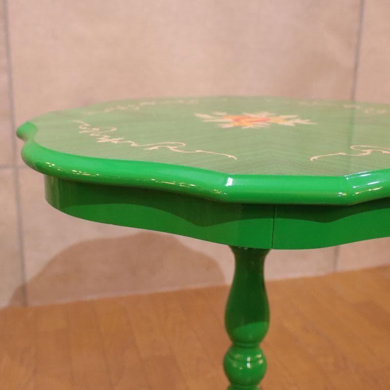 クラシック調 カフェテーブル 花柄装飾 グリーン天板 幅55cm 223-329