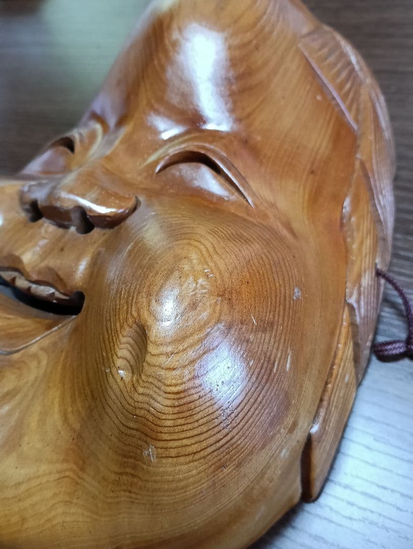 骨董　木製面　おかめ 　縁起物　手掘り　木彫り　壁掛け　お面　A