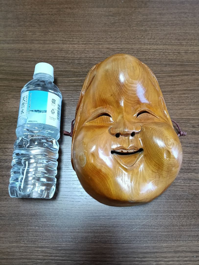骨董　木製面　おかめ 　縁起物　手掘り　木彫り　壁掛け　お面　A