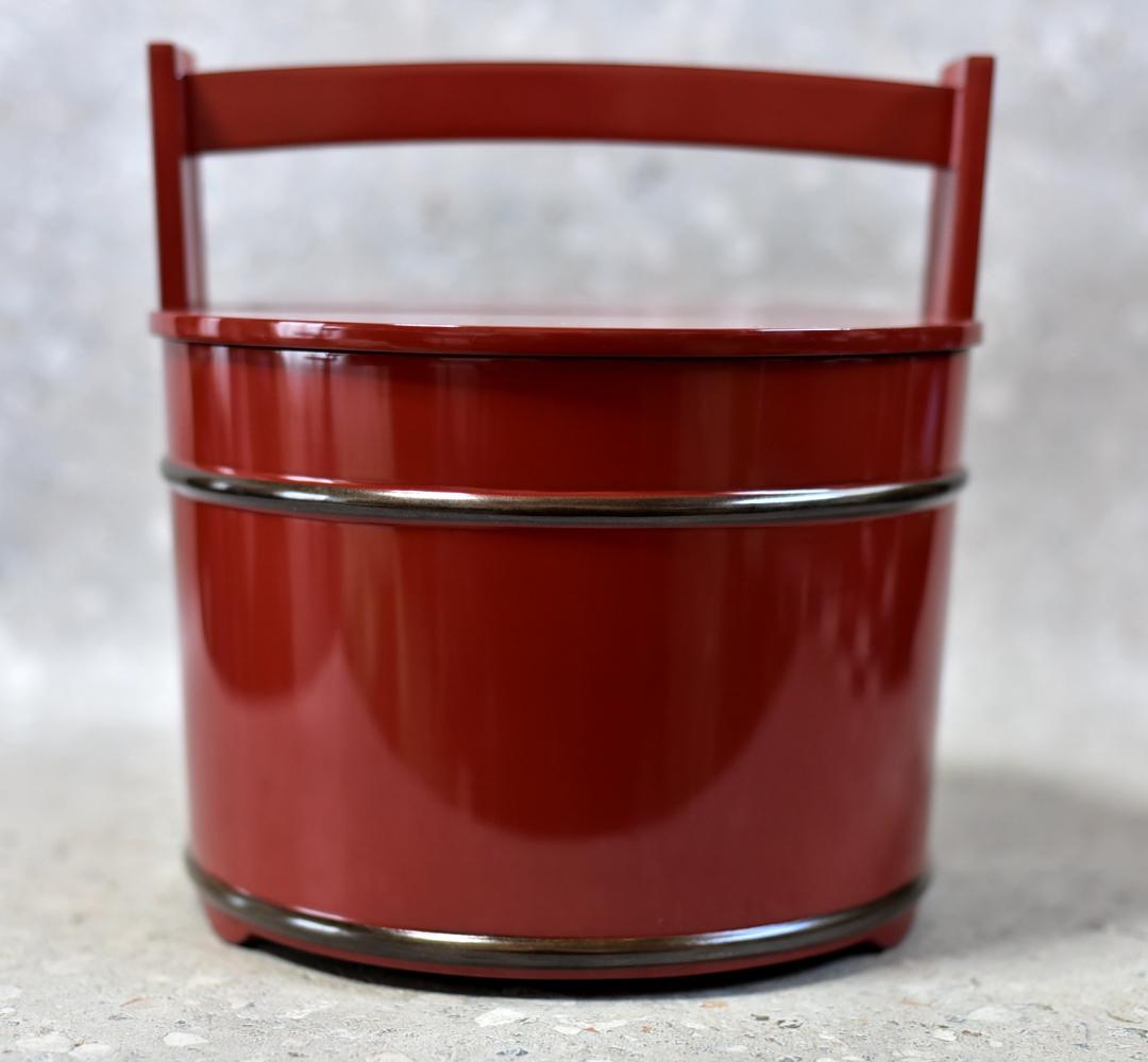 値下げ、輪島，弘悦作　銀巻手桶朱塗り水指　【極上品】　お茶道具/共箱