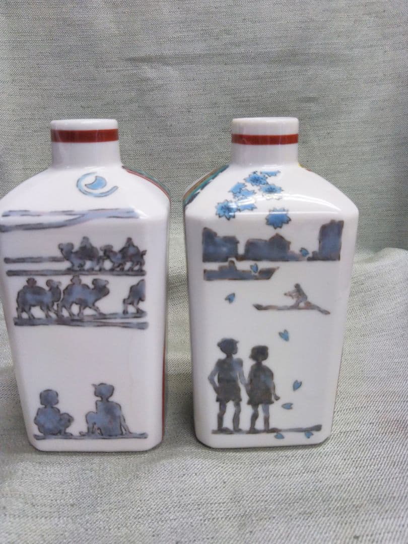 九谷焼　武腰潤　色絵角徳利　花瓶　春夏