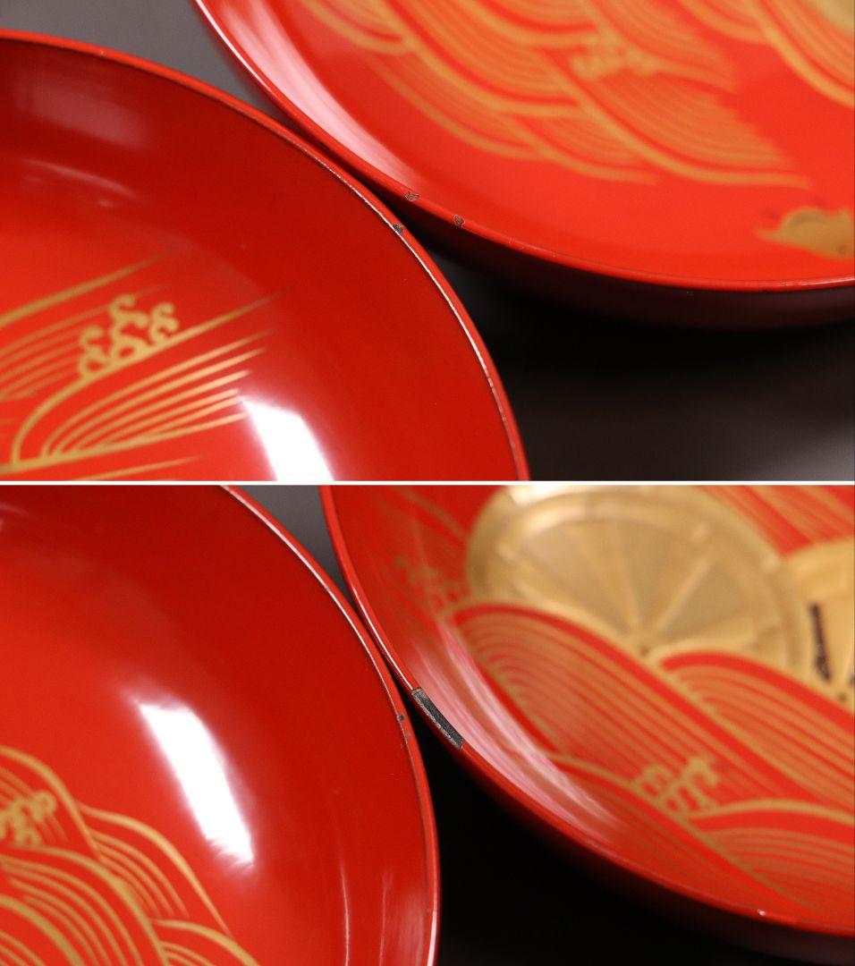 時代輪島塗 蒔絵付朱塗木皿 十九客 波千鳥 片輪車 金蒔絵 天然木【MA368】