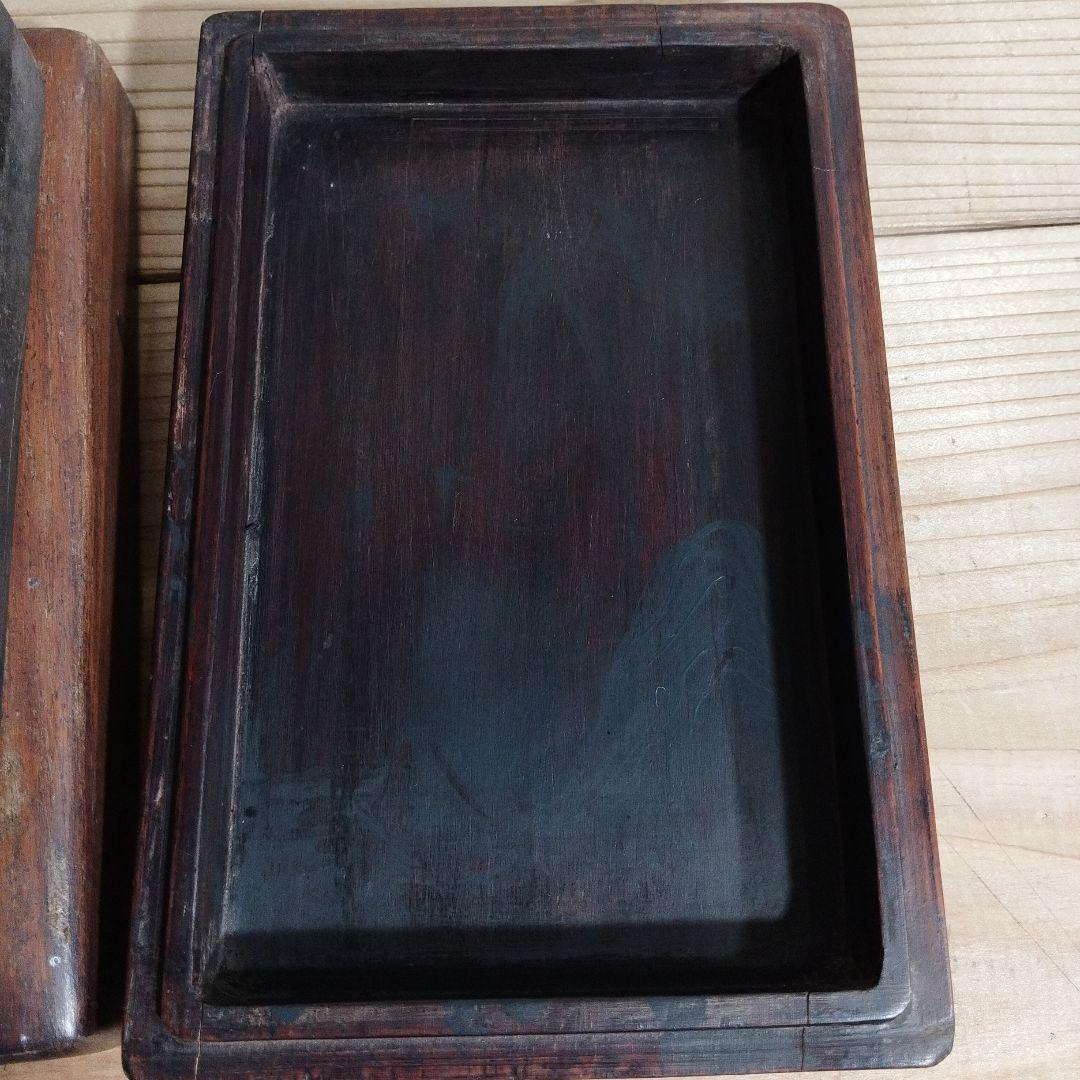 木製 硯箱 魚の彫刻 硯