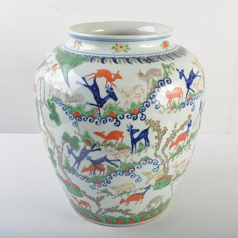 中国　大明萬暦年製　五彩　神獣文　壷　高さ約34cm　V　R7165F