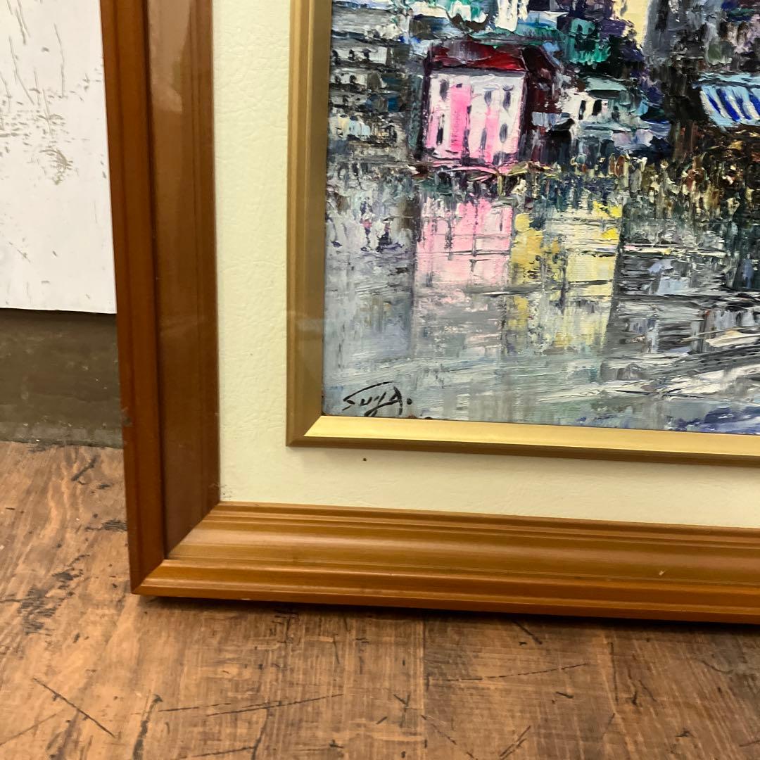 昭和レトロ 油絵 絵画 油彩画 風景画 街並み 雨の日 額装 額入り 額縁 作品