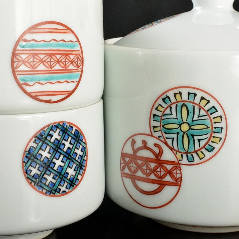 九谷焼　須田青華造　色絵　丸波模様　急須　煎茶碗　五客　共箱　D　R5999B