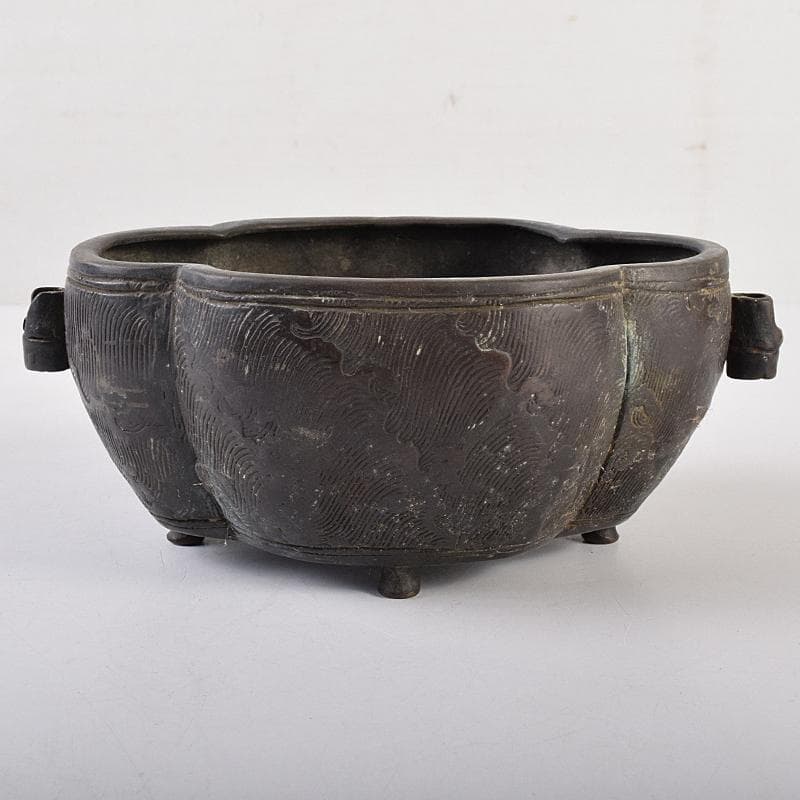 中国　古銅　波刻　木瓜形双耳香炉　M　R8837