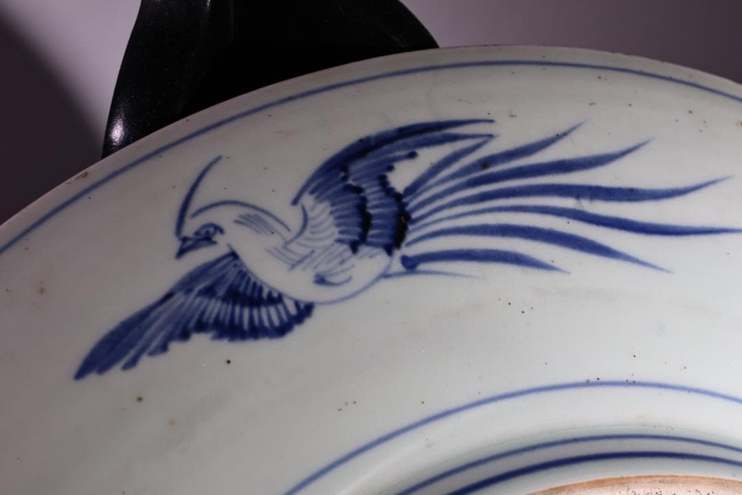 江戸中期　古伊万里　染付　大皿　花鳥風月図　角福銘　直径42㎝ BJ200