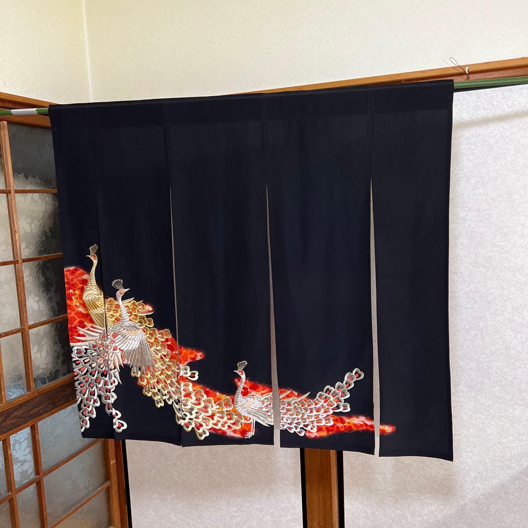 113/101,着物リメイクーのれん、鳳凰、刺繍加工、！