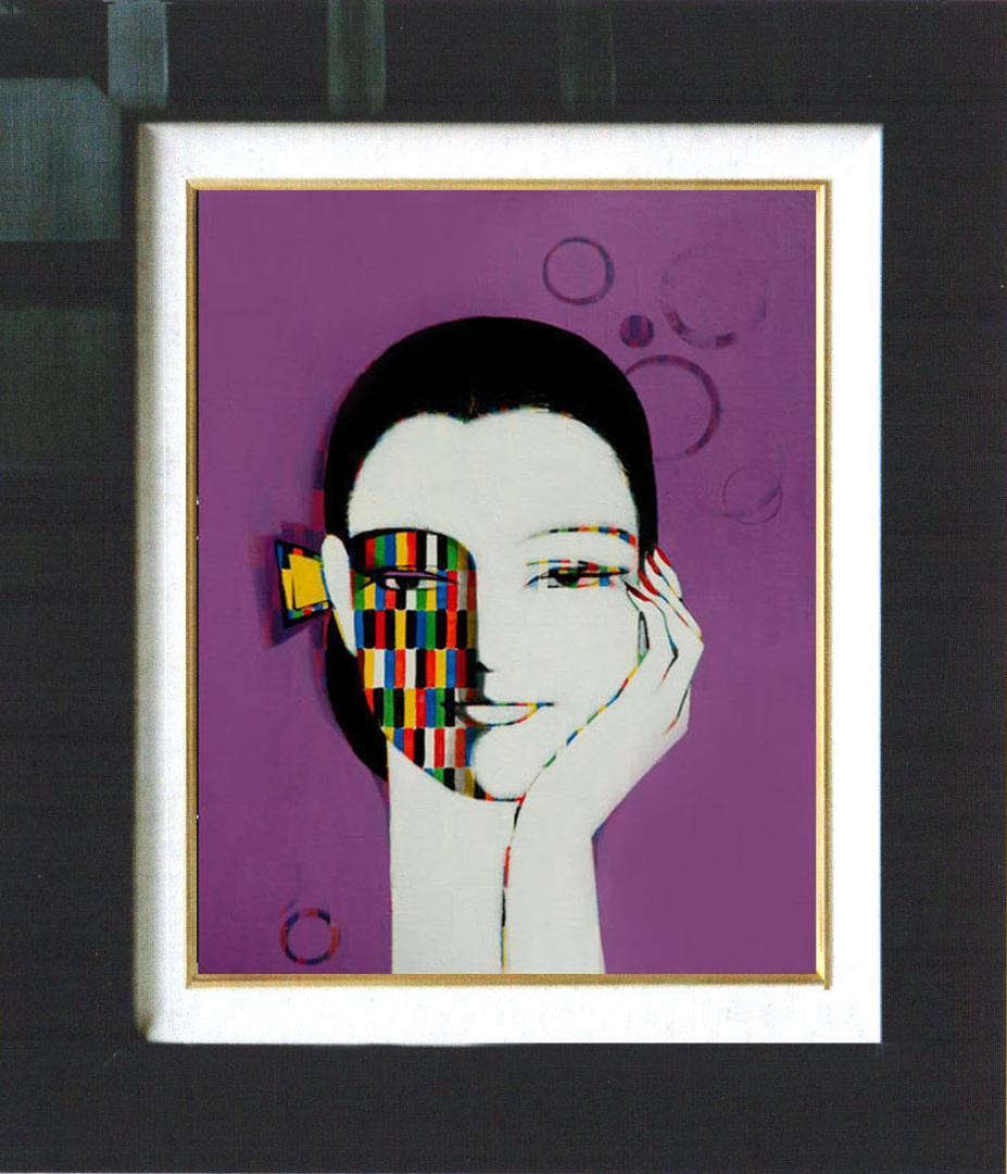 油絵 菅家令子 絵 絵画インテリア額付(青緑＋金色の枠) F6-082211女性