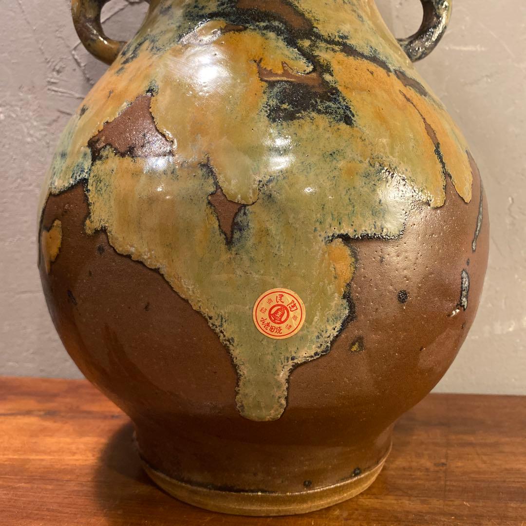 民陶 小鹿田焼 流釉 双耳広口大壺 花器 インテリア 骨董品