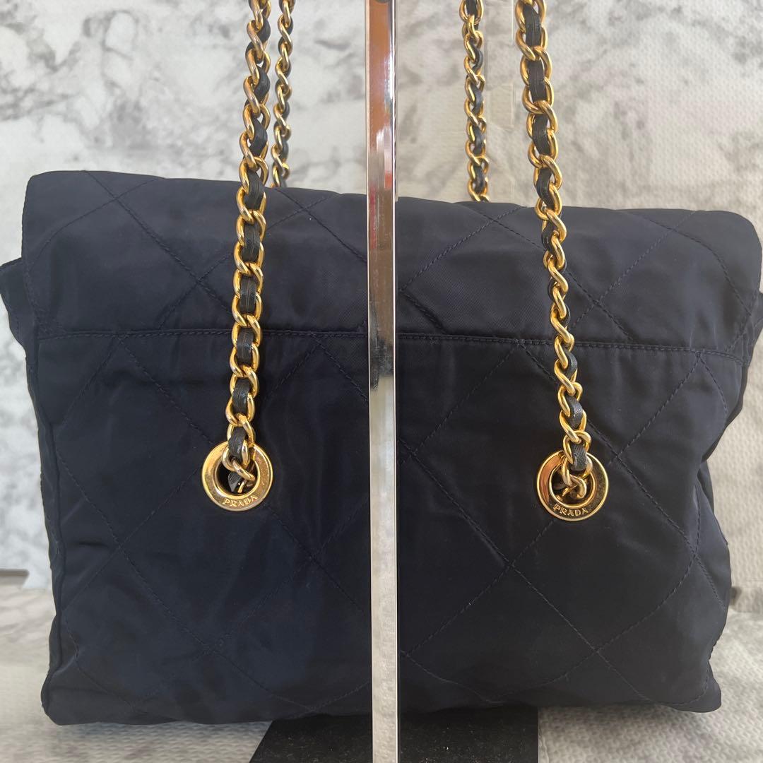 プラダ ダブルチェーン キルティング ショルダーバッグ ナイロン 三角ロゴ