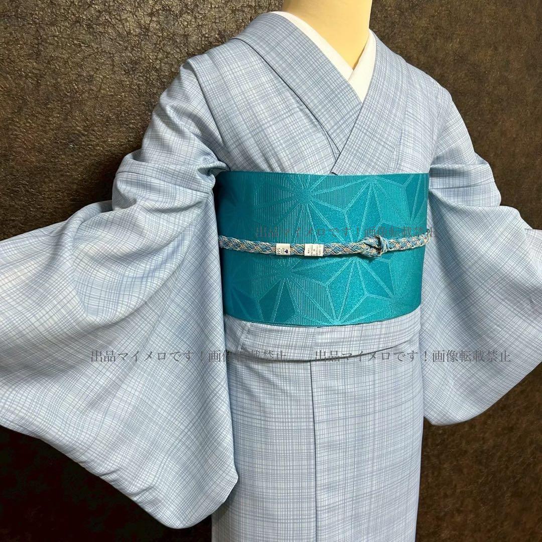 浴衣　夏　単着物　ブルーグレー　吸湿速乾　半幅帯　ターコイズ　2点　0630⑦
