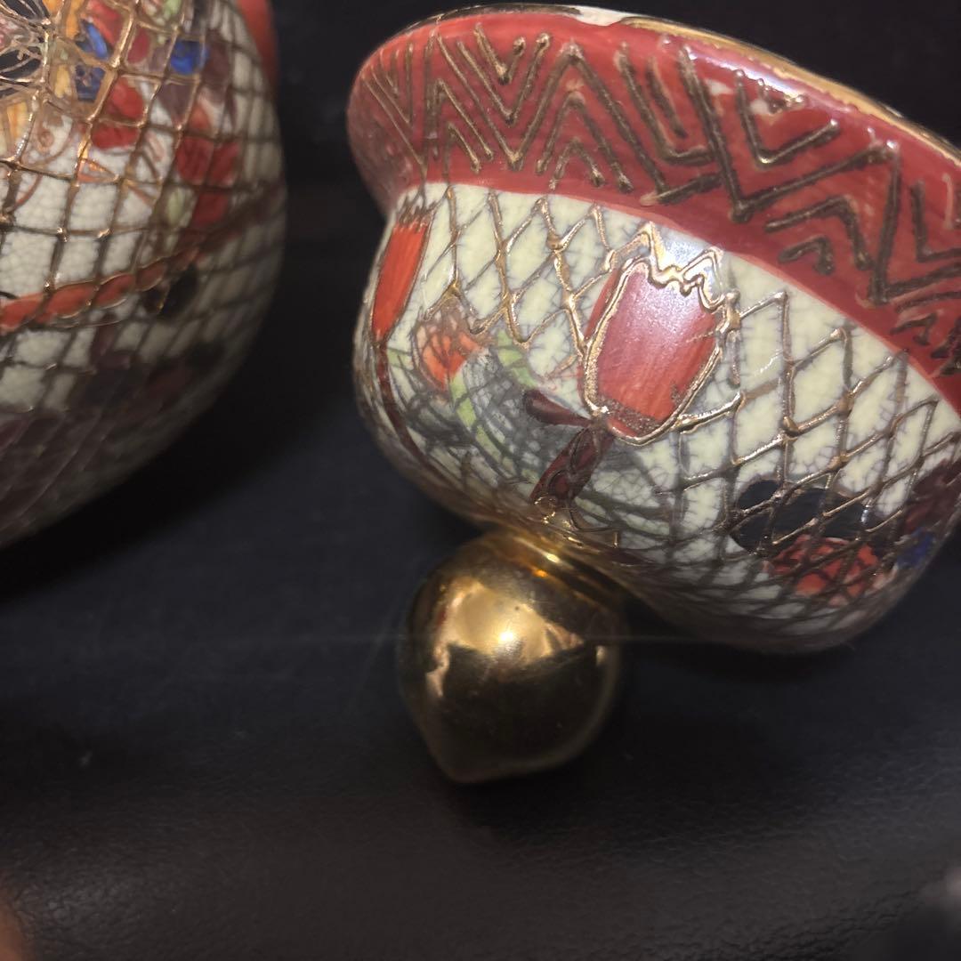 京薩摩焼　沈香壺　骨董　金彩　網目蝶図