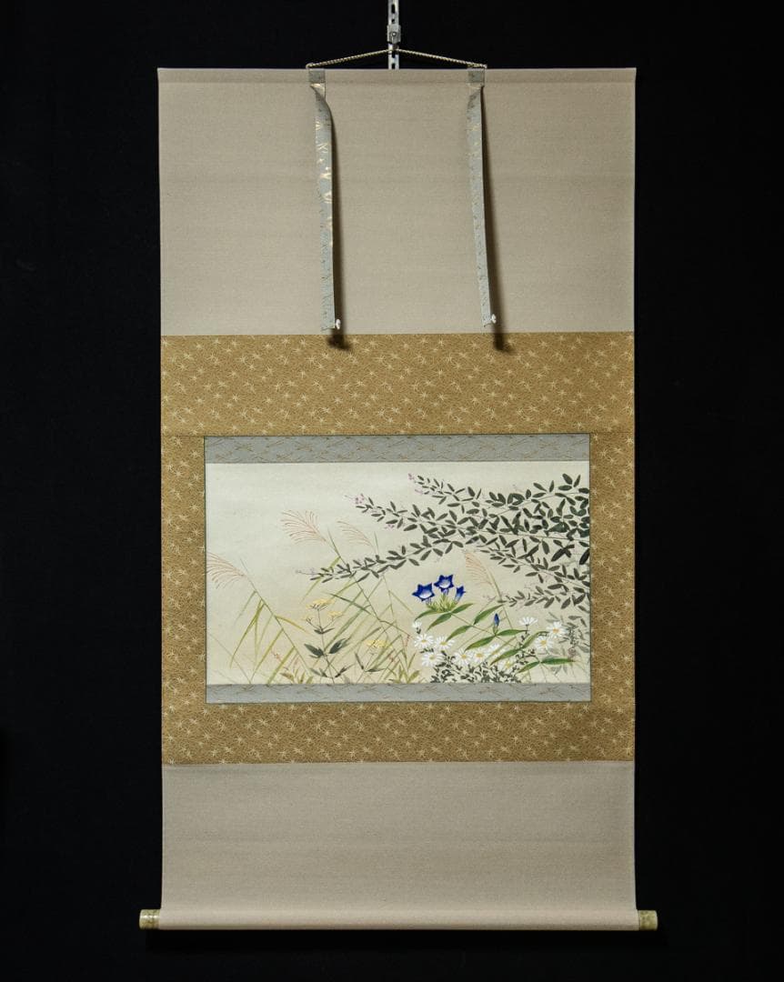 掛軸-1509　田中松泉　秋草　共箱　金箔散し