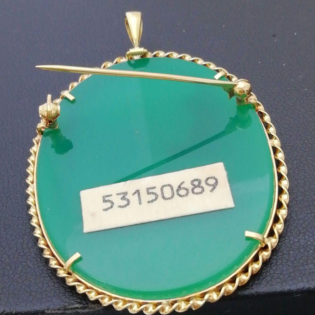 K18　✨美人メノウカメオ✨　ブローチ時々ペンダントトップ　グリーンメノウカメオ