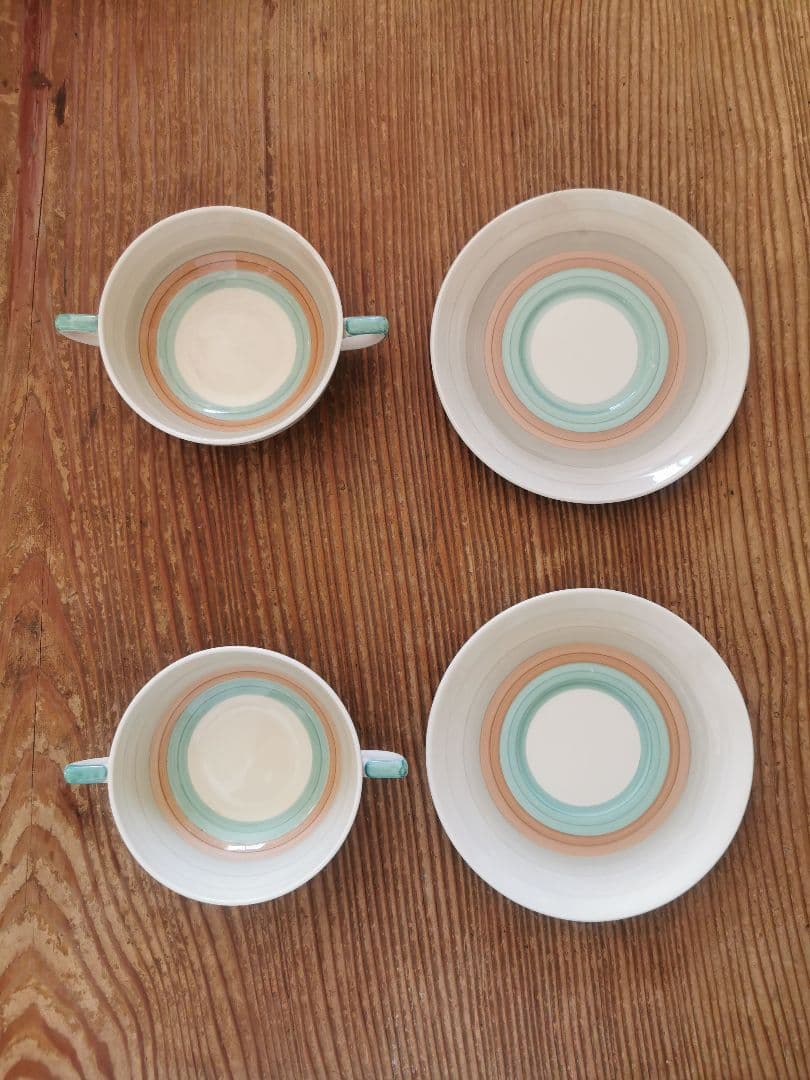 アンティーク スージークーパー スープカップ２客 ウェディングリング ピンク＆緑