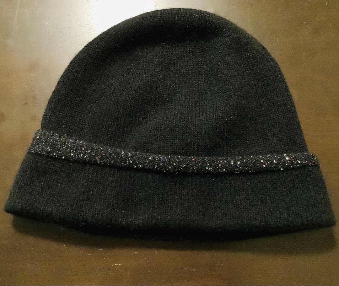 CHANEL カシミヤシルクニット帽 黒 ラメ入りリボン CCロゴ刺繍ほぼ未使用