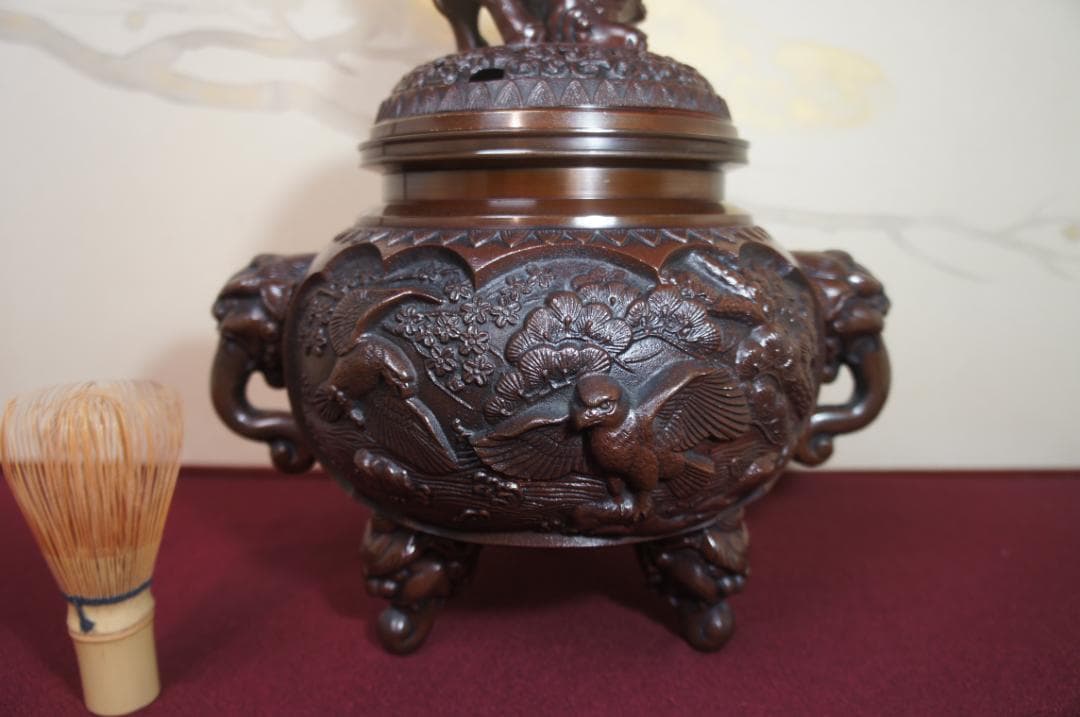 ★美品 高岡銅器 瑞峰作 新特大 花鳥 高級銅製香炉工芸作家造 送料込み
