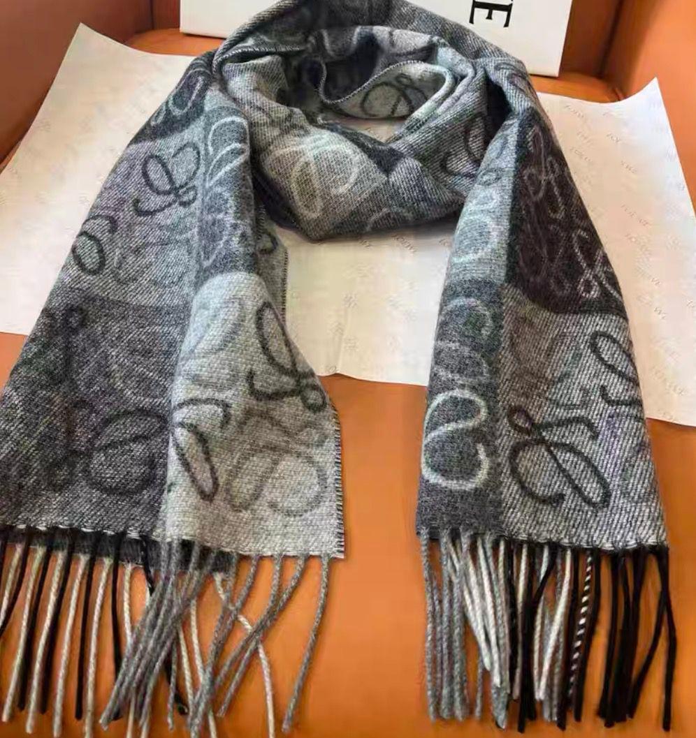 LOEWE アナグラム ストール マフラー ブラック×グレー フリンジ付き 箱あ