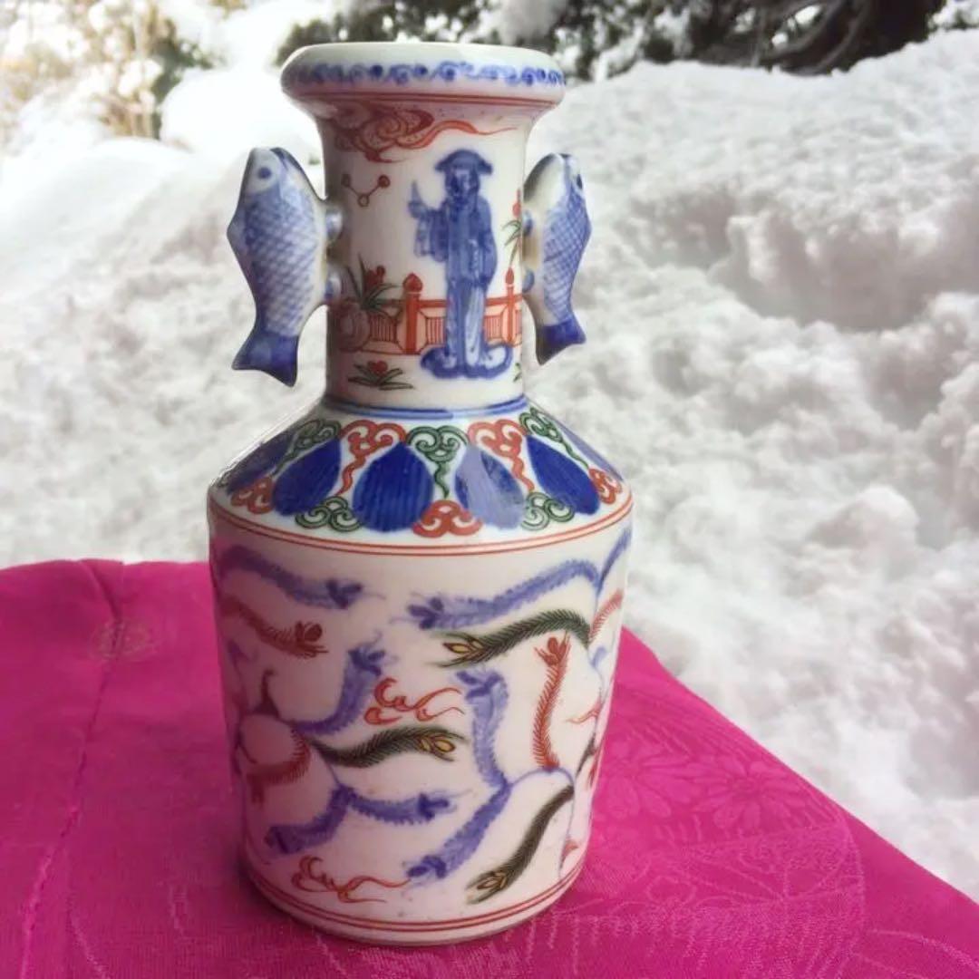 2067様感謝‼️大陸の彩魚耳 南画調 在銘　萬歴倣い  壺