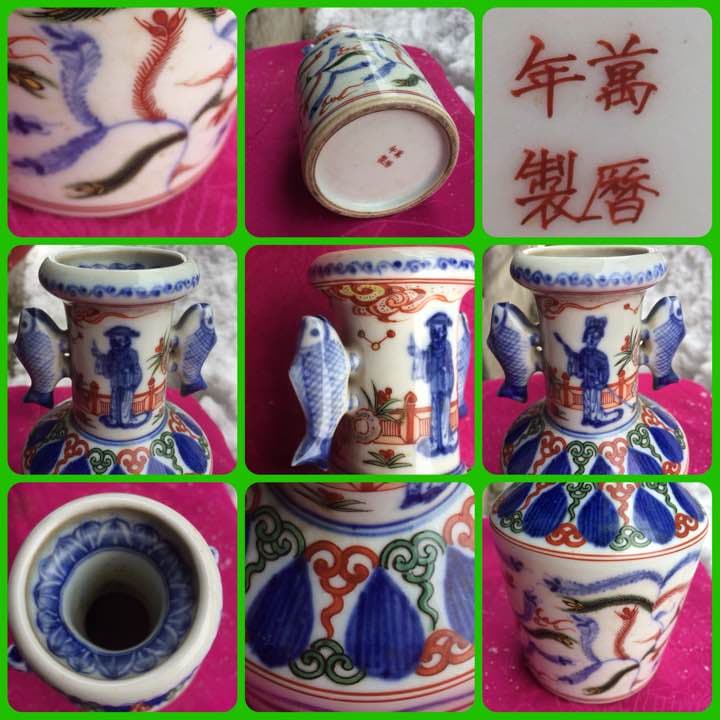 2067様感謝‼️大陸の彩魚耳 南画調 在銘　萬歴倣い  壺