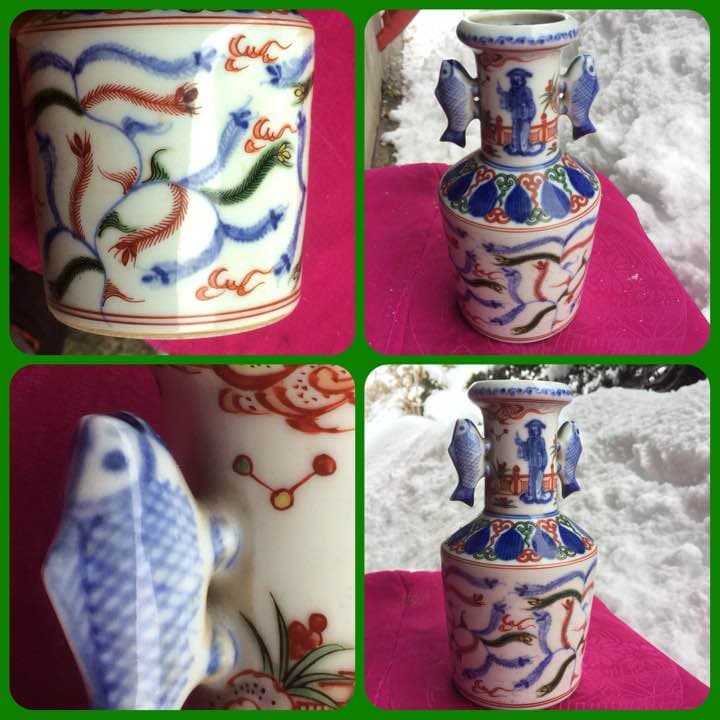 2067様感謝‼️大陸の彩魚耳 南画調 在銘　萬歴倣い  壺