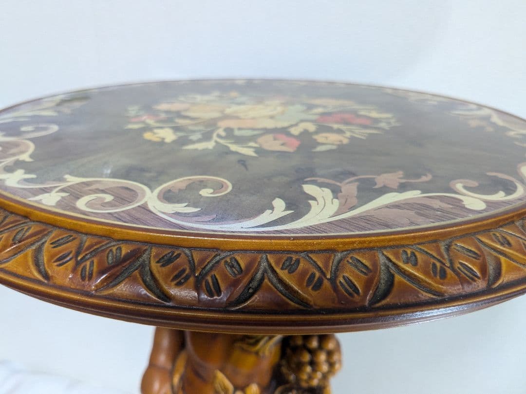 サイドテーブル 丸テーブル 木製 彫刻 天使