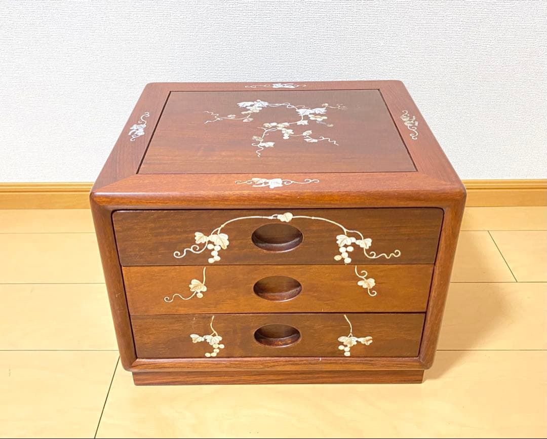 【希少品】天然木 唐木 本花梨 総無垢 螺鈿 卓上チェスト 薬箪笥 3段収納