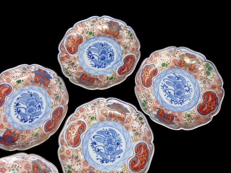 大聖寺伊万里　金襴手　草花に亀甲紋の図　４寸皿　５枚　233AS-CVy