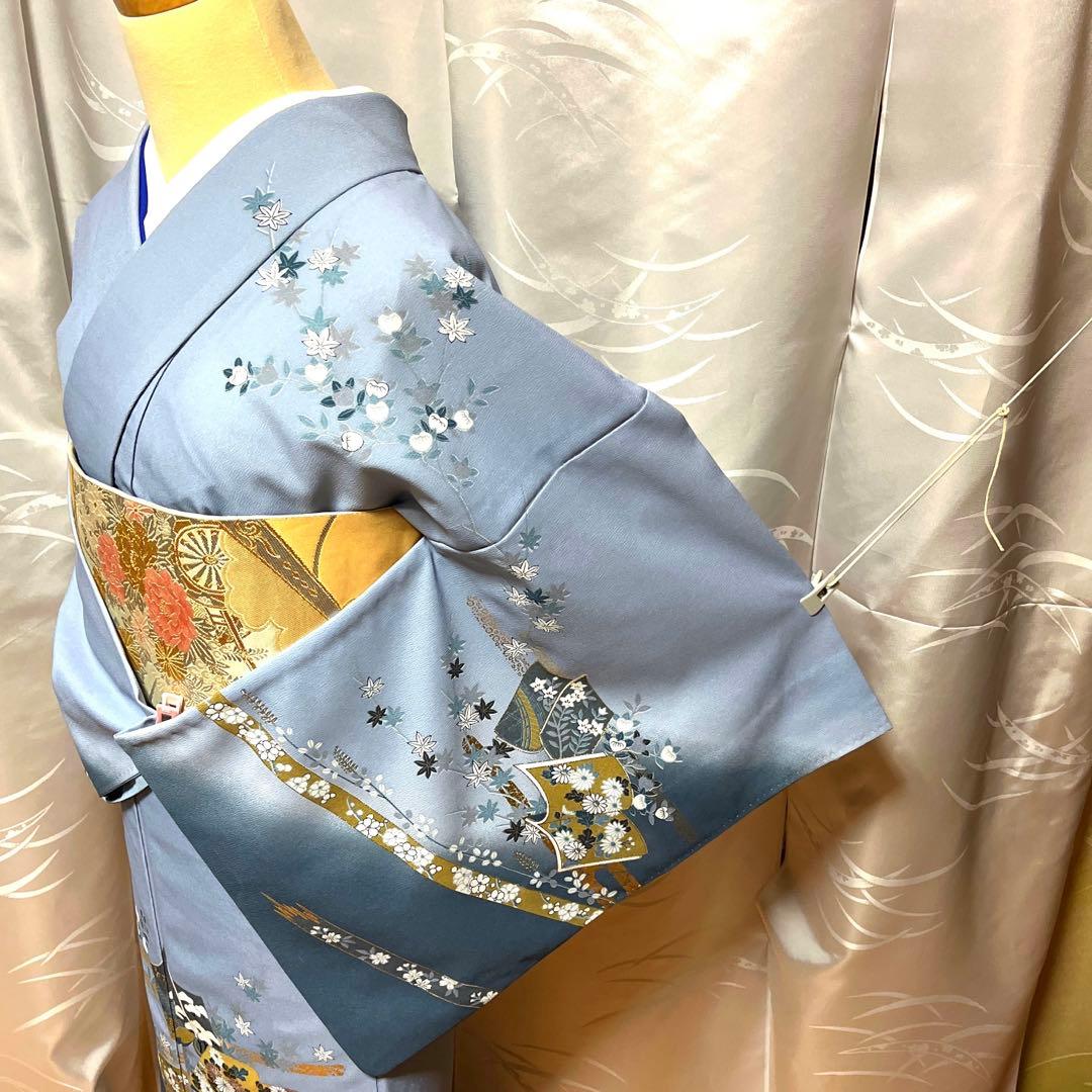 【胴抜き】洗える着物　訪問着　グレイッシュな水色