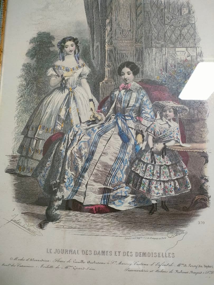 アンティーク版画　19世紀 フランス ファッションプレート 額装手彩色リトグラフ