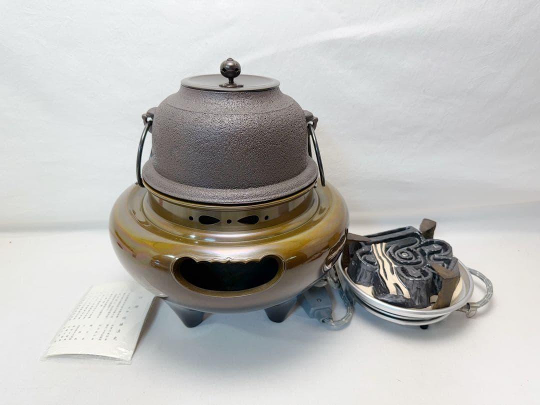 未使用 茶道具 釜師 佐藤清光造 唐銅朝鮮風炉釜 野々田電熱器 釜印 釜鐶付元箱