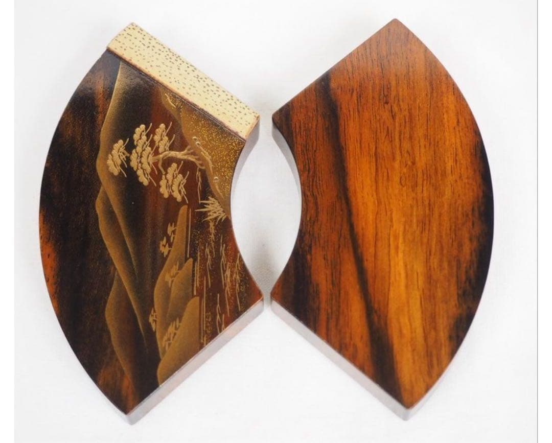 送料無料 蒔絵師　北浜風月造 銘木黒柿蒔絵扇面香合　共箱・作歴　茶道具