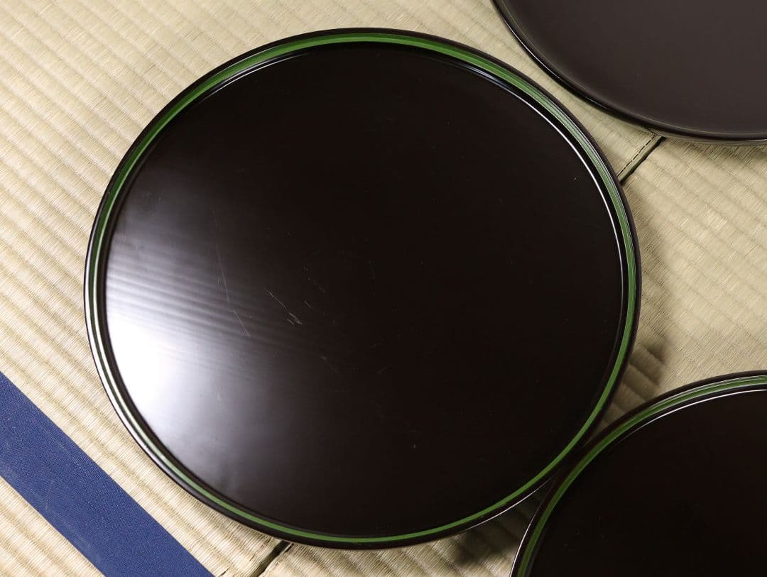 輪島塗 本堅地 黒塗 縁青漆 足付 丸膳 37.8cm 六客 木製【CM382