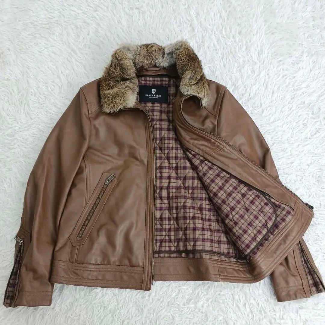 ✨美品✨LLサイズ✨ブラックレーベル　レザーライダース　ラビットファー　キャメル