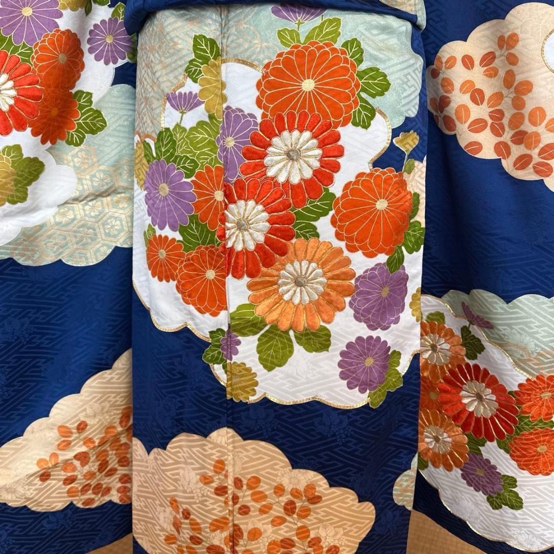 大正ロマンレトロ可愛い紺地×金駒刺繍♡振袖フルセット セミアンティーク 成人式